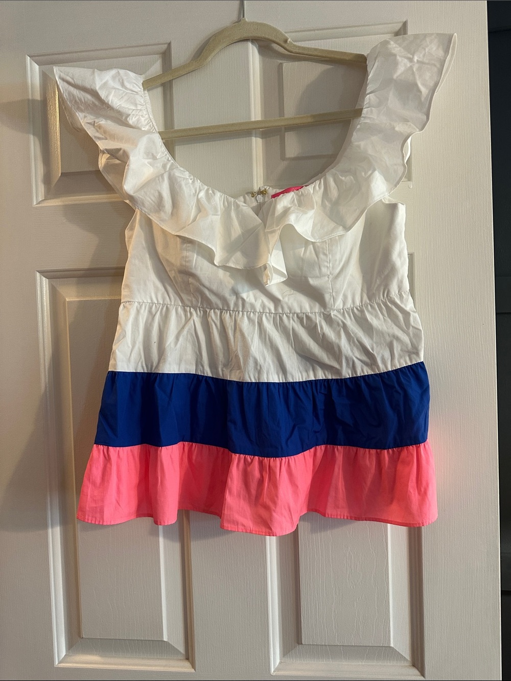 Lilly Pulitzer White, Blue & Pink Ruffle Peplum Blouse